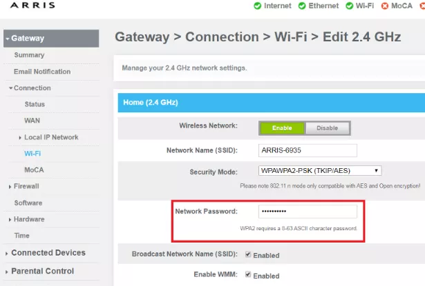 how to change security settings on arris router